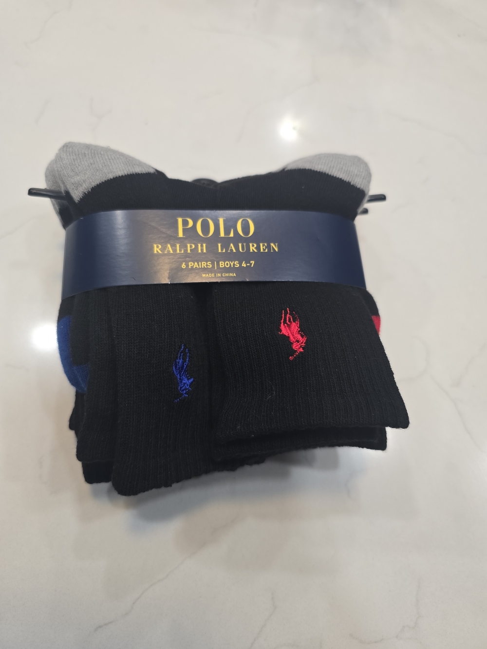Ralph Lauren Boys' Black Crew Socks with Multicolor Pony Embroidery - 6 Pack